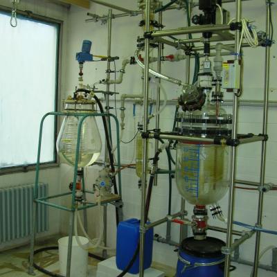 Pilot part of the pilot plant 50 L and 30 L glass reactors with cooler and aftercooler